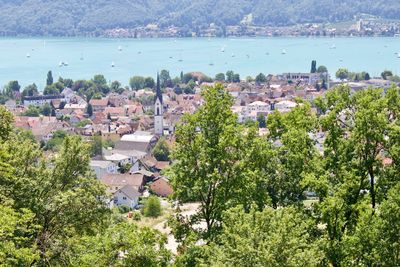 High angle view of townscape by river