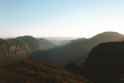 Scenic view of mountains against clear sky during sunset