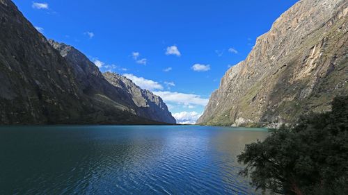 Scenic view of lake by mountains against sky