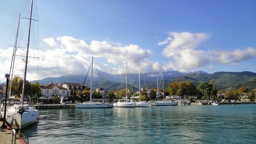 Sailboats moored in harbor