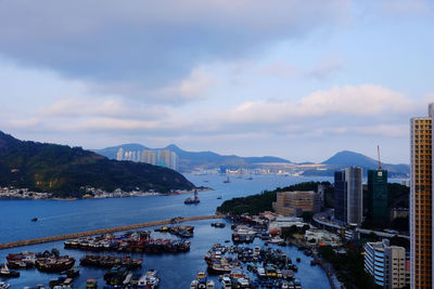 High angle view of victoria harbour against sky