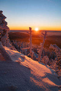 Scenic view of snow covered landscape against sky during sunset