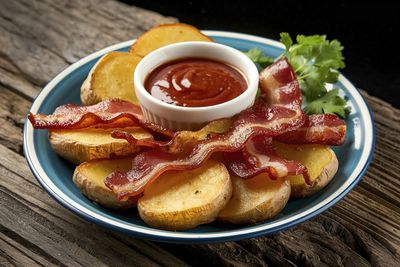 High angle view of food in plate on table