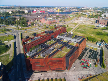 High angle view of buildings in city
