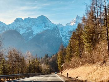 Road amidst trees and snowcapped mountains against sky