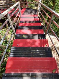 High angle view of red staircase