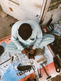 High angle view of man working