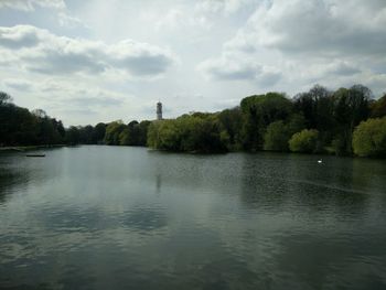 Scenic view of lake against cloudy sky