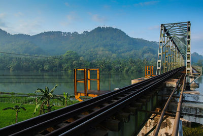 Train on railroad track against sky