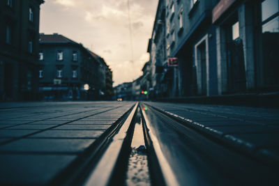 Surface level of railroad tracks in city