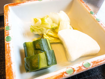 High angle view of food in plate on table