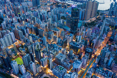 High angle view of modern buildings in city