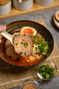 High angle view of soup in bowl on table