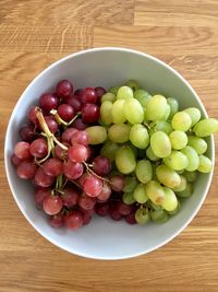 High angle view of grapes in bowl on table