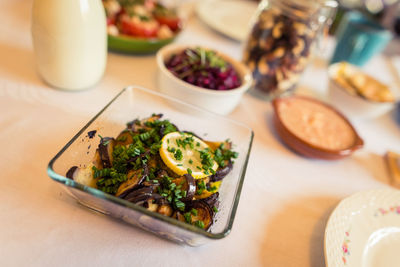 High angle view of food served on table