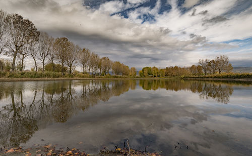 Scenic view of lake by trees against sky