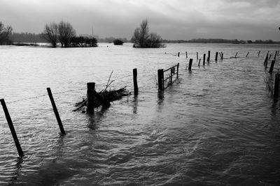 Wooden posts in lake against sky