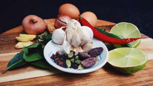 High angle view of fruits in bowl on table