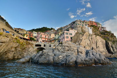 Scenic view of river by cliff against sky