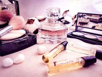 High angle view of bottles on table