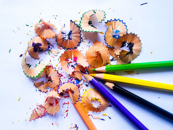 Close-up of multi colored pencils on table