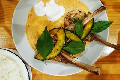 High angle view of food in plate on table