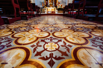 High angle view of tiled floor in church