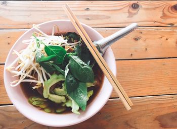 High angle view of salad in bowl on table