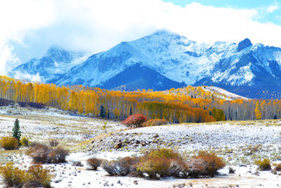 Scenic view of snow covered mountains against sky