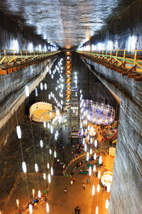 High angle view of illuminated lights at night