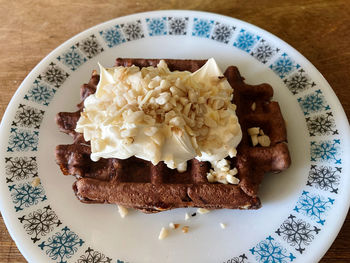 High angle view of breakfast served on table