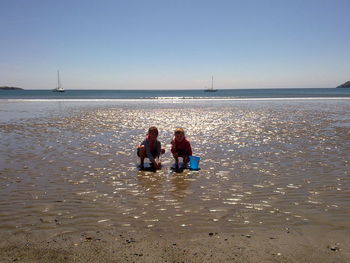 Friends on beach against clear sky