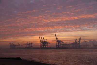 Cranes at commercial dock against sky during sunset