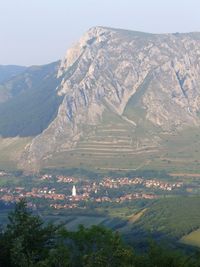 High angle view of landscape and mountains against sky