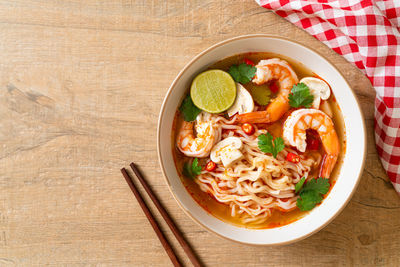 High angle view of food in bowl on table