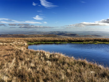 Scenic view of field by lake against sky