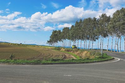 Road amidst trees and plants against sky