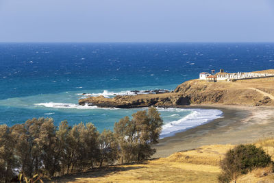 View of the pachyamos village beach in cyprus and blue mediterranean sea in summer