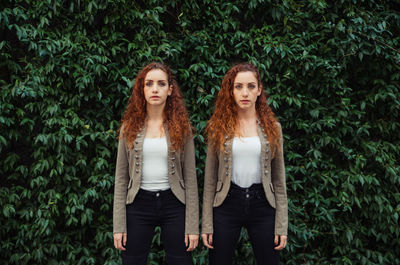 Portrait of siblings standing against plants