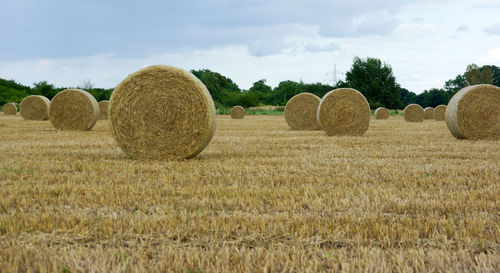 Hay bales on field against sky