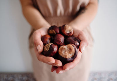 Midsection of woman holding chestnuts