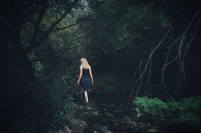 Rear view of woman walking in forest