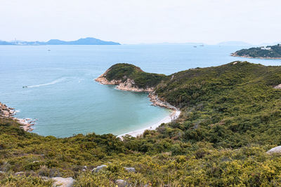 High angle view of bay against sky