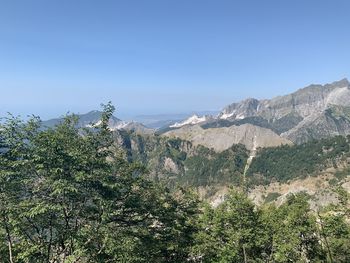 Scenic view of mountains against clear blue sky