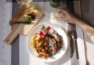 High angle view of food on table