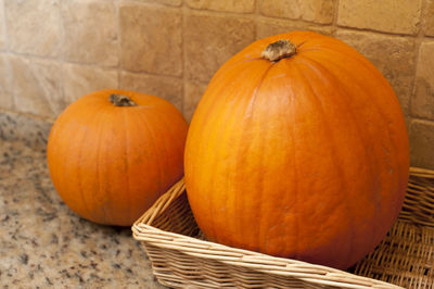 High angle view of pumpkins in basket