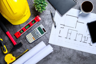High angle view of coffee cup on table