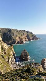 Scenic view of sea and rocks against clear blue sky