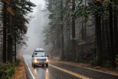 Van drives through wet and foggy autumn forest