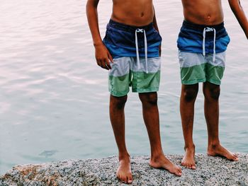 Low section of brothers standing on rock by beach